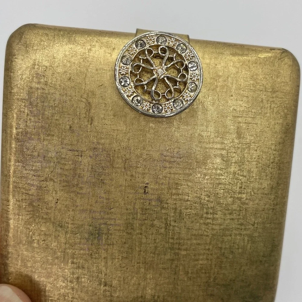 Vintage Gold Tone Metal Rhinestone Clasp Mirror Powder Compact Box Avon Imperial